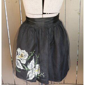 Vintage Apron Black Taffeta Hand Painted Iris Black Netting Half Apron 1950s